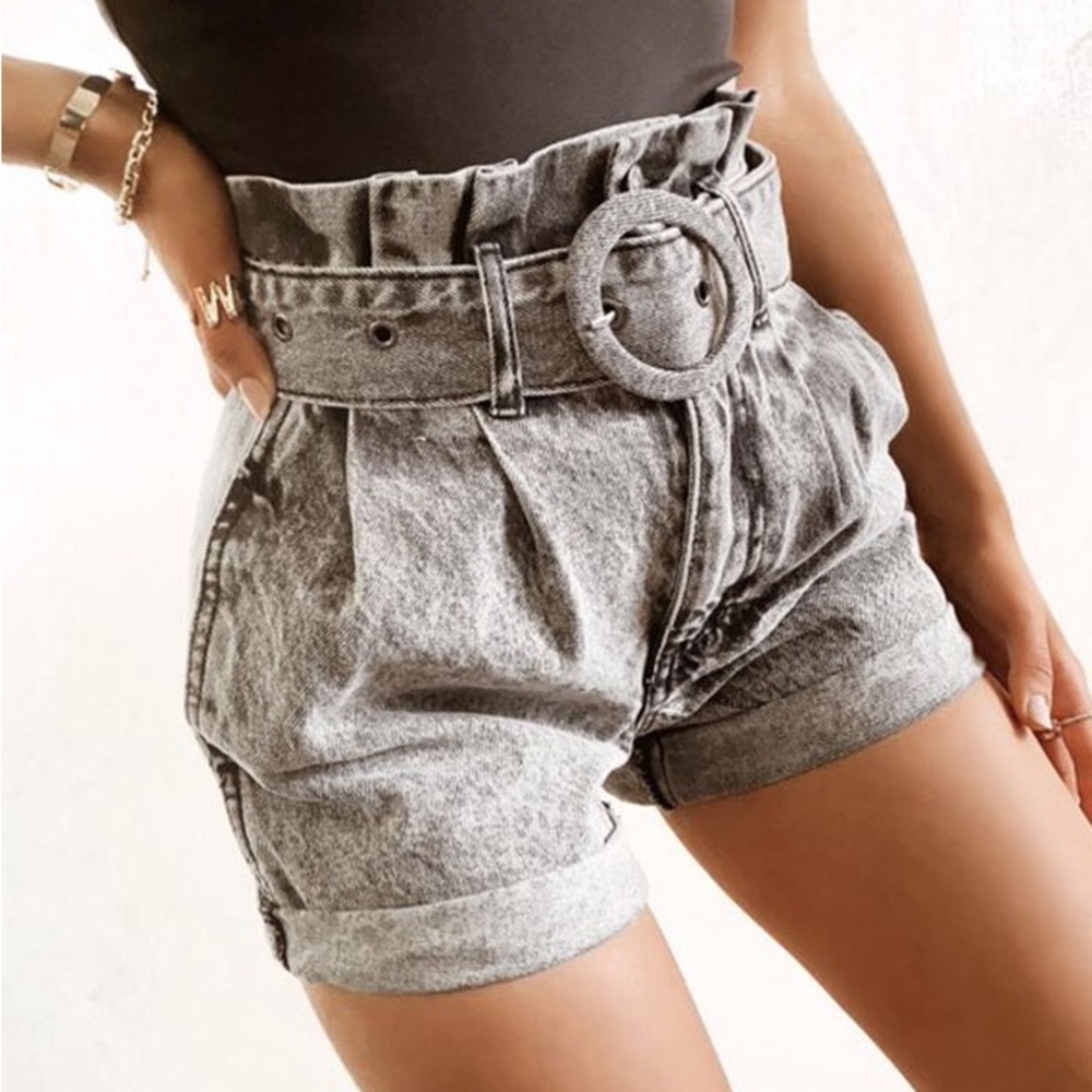 Grey Denim Acid Wash Paper Bag High Waist Shorts